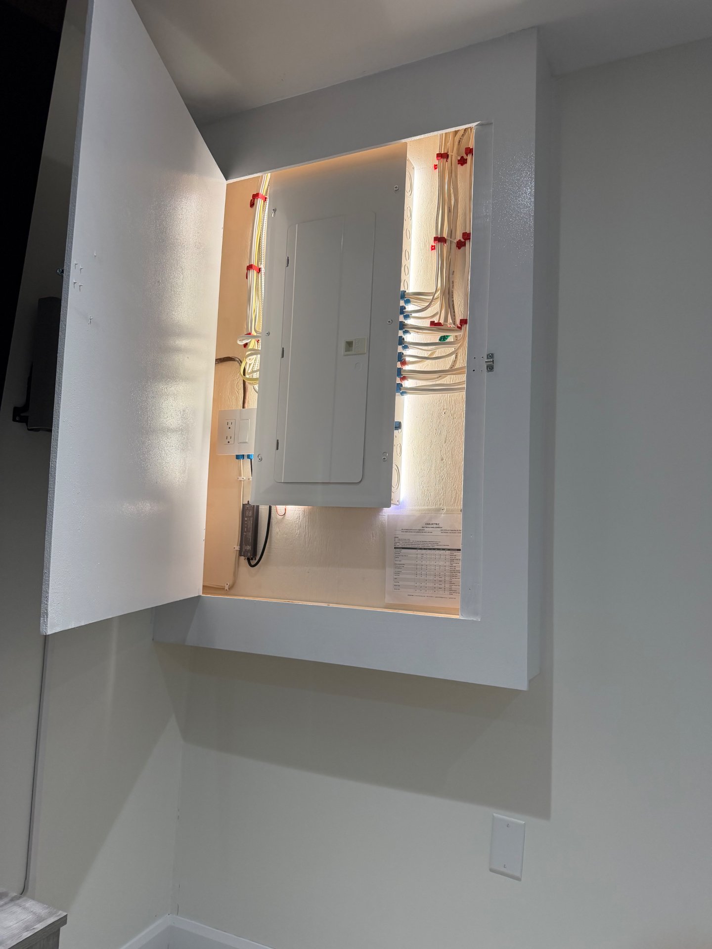 Upgraded electrical panel in a custom wall cabinet, neatly labelled